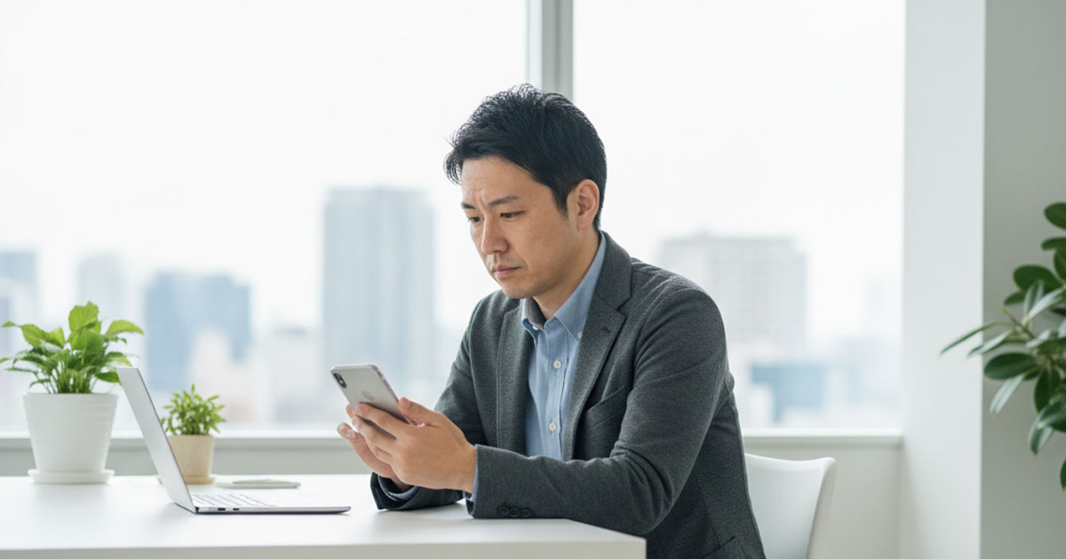 将来の収入とキャリアに悩み『IPOゲッターの完全攻略バイブル』の評判をスマートフォンで検索する30代会社員［アイキャッチ画像］