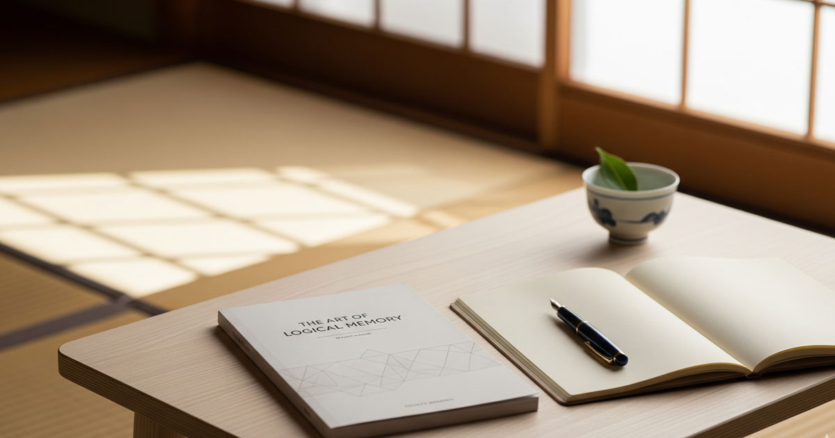 「試験に受かるユダヤ式記憶術」の教材が置かれた知的なデスク