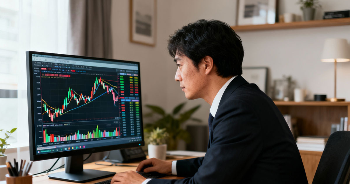 MT4裁量トレード練習君プレミアム２のレビュー記事アイキャッチ。真剣な表情でFXチャートを見る日本人男性。