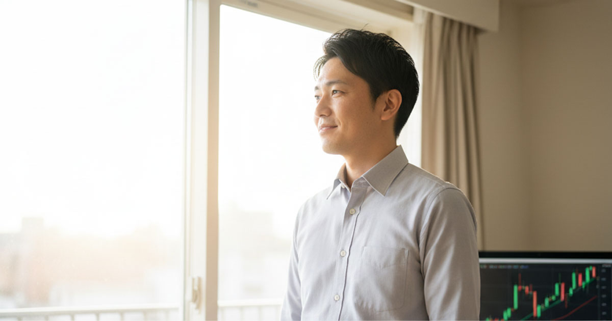 自信を持ってPCのFXチャートに向かうトレーダーのイラスト。練習の成果が自信につながっている様子。［画像4］