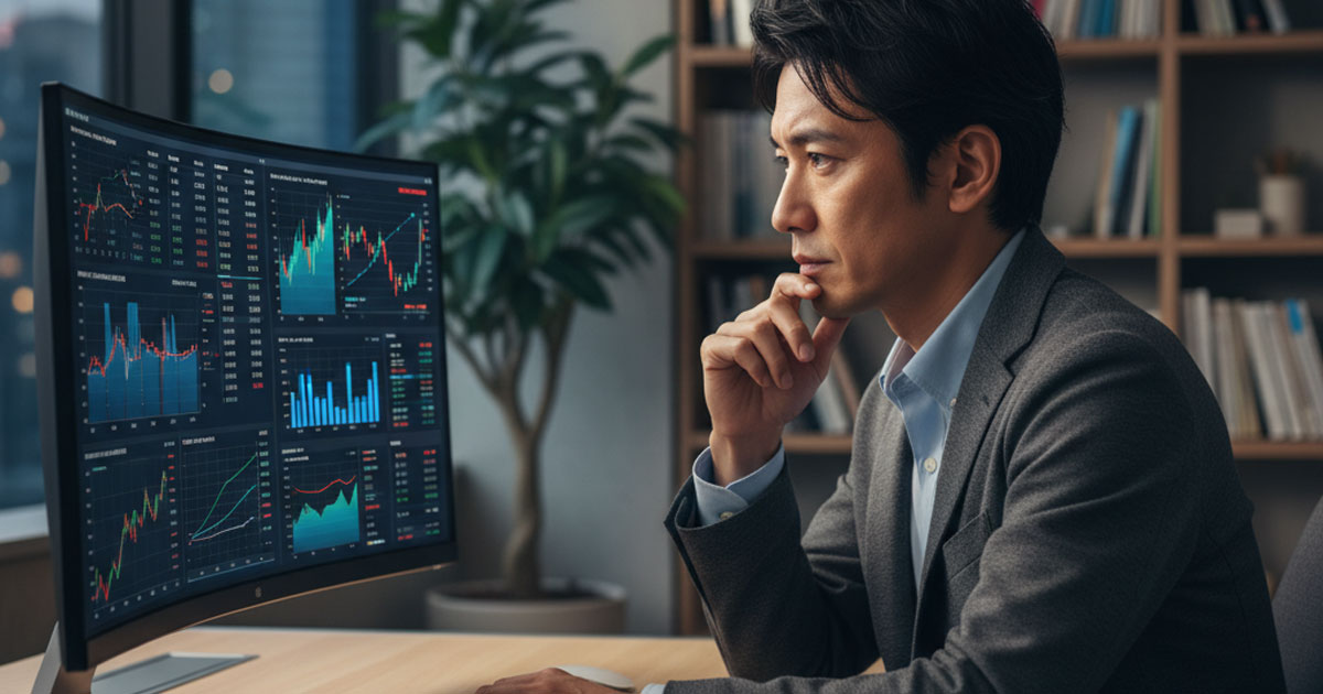 投資スクールを検討し、真剣な表情でPC画面の金融チャートを見る人物