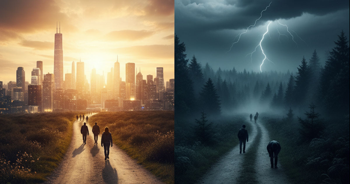 成功への道と失敗への道の分岐点を示す概念イラスト